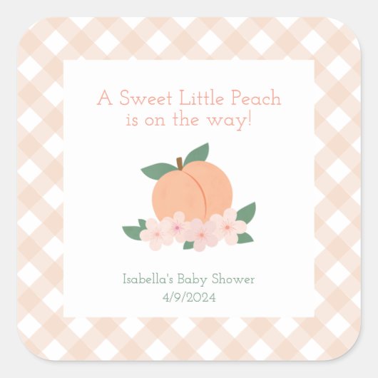 Sweet Little Peach Baby Dusche Quadratischer Aufkleber (Vorderseite)