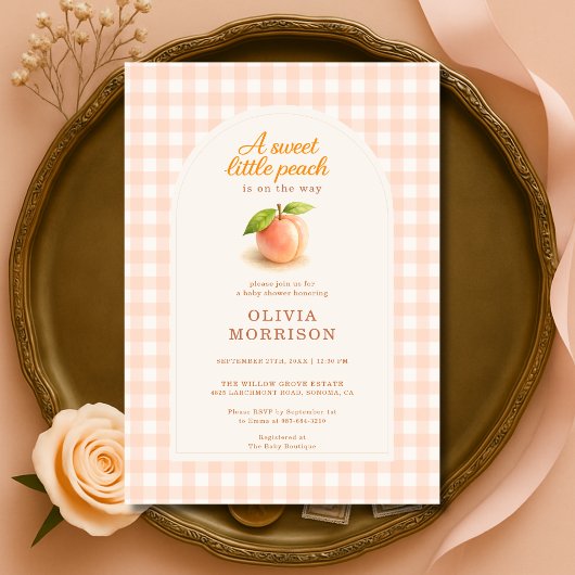 Sweet Little Peach Gingham Baby Shower Einladung