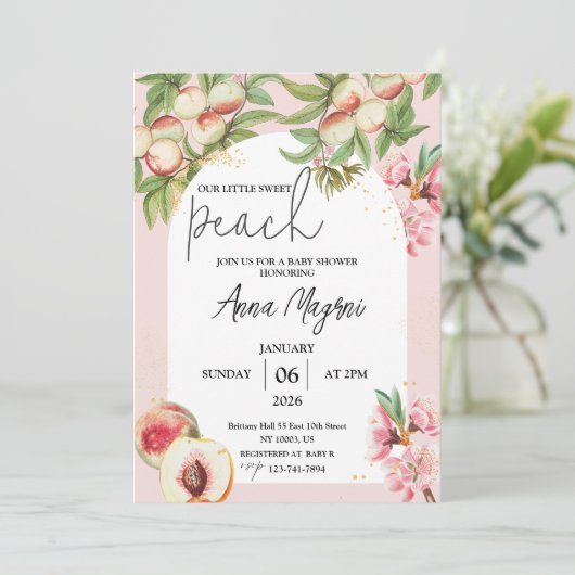 Sweet Little Peach Girls Babydusche Arkade Einladung (Stehend Vorderseite)