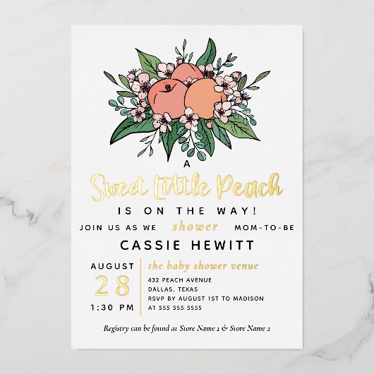Sweet Little Peach on Way Baby Shower Foil Inv Folieneinladung (Vorderseite)