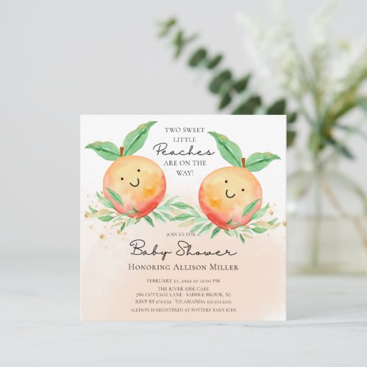 Sweet Little Peaches Twins Baby Dusche Einladung (Stehend Vorderseite)