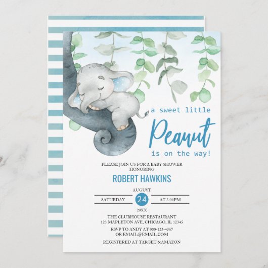 Sweet Little Peanut Boy Elephant Baby Dusche Einladung (Vorne/Hinten)