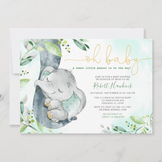 Sweet Little Peanut Boy Elephant Baby Shower Invit Einladung (Vorderseite)