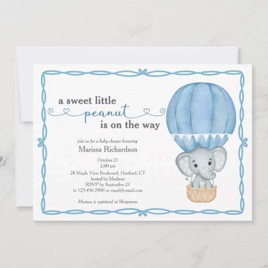 Sweet Little Peanut Elephant Baby Boy Dusche Einladung (Vorderseite)