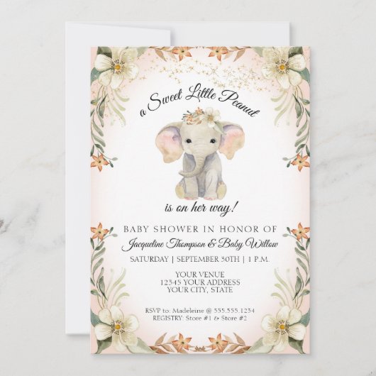 Sweet Little Peanut Elephant Floral Baby Dusche Einladung (Vorderseite)