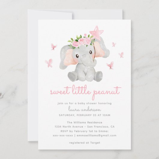 Sweet Little Peanut Pink Elephant Baby Showe Einladung (Vorderseite)