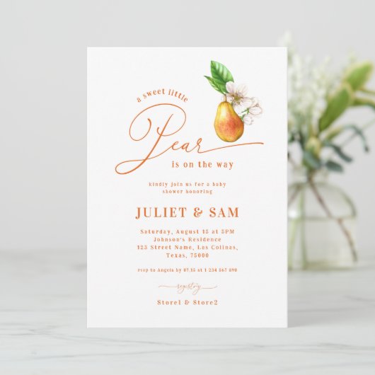 Sweet Little Pear Gender Neutral Baby Dusche Einladung (Stehend Vorderseite)
