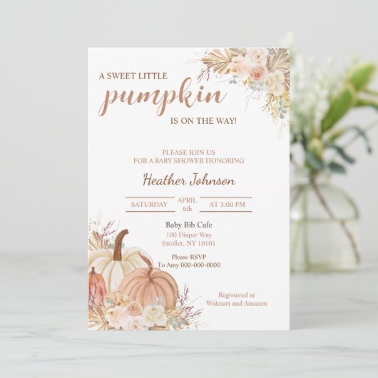 Sweet Little Pumpkin Autumn Baby Shower Einladung (Stehend Vorderseite)