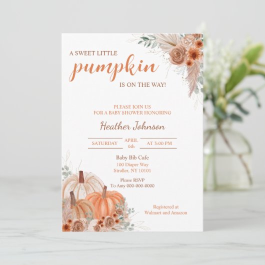 Sweet Little Pumpkin Autumn Baby Shower Einladung (Stehend Vorderseite)