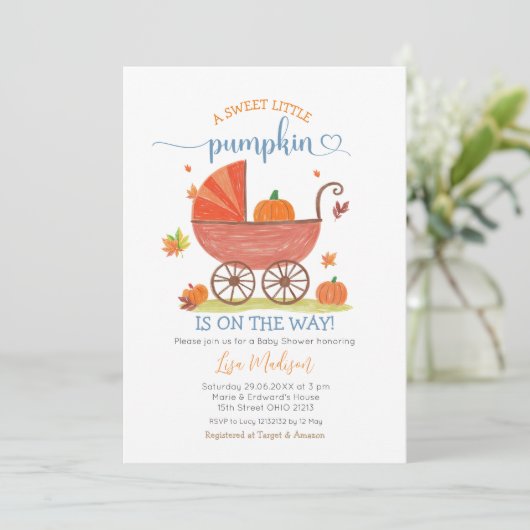 Sweet Little Pumpkin Baby Carriage Baby Dusche Einladung (Stehend Vorderseite)