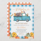 Sweet Little Pumpkin Blue Gingham Fall Baby Dusche Einladung (Vorne/Hinten)