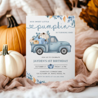 Sweet Little Pumpkin Blue Herbst Geburtstag Einladung