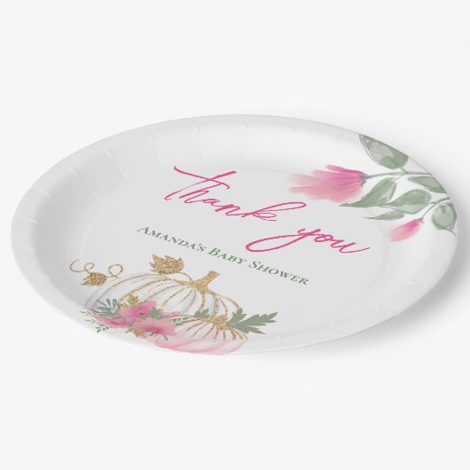 Sweet Little Pumpkin Blush Pink Gold Weiße Blüte Pappteller (Schrägansicht)