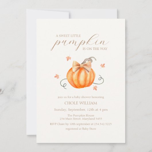 Sweet Little Pumpkin Bow Fall Baby Dusche Einladung (Vorderseite)