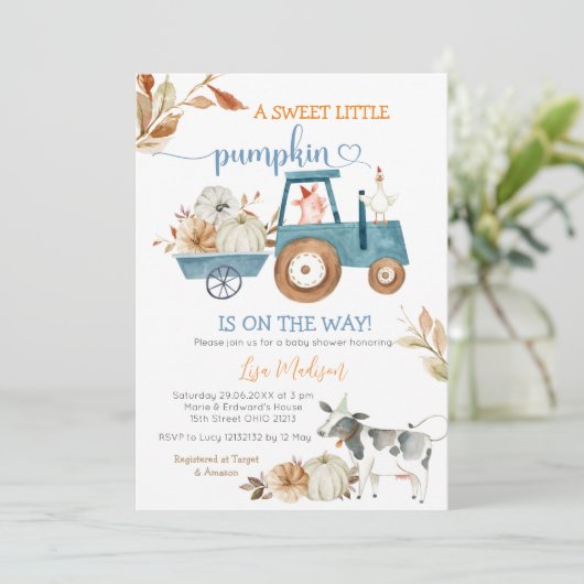 Sweet Little Pumpkin Fall Farm Animals Baby Dusche Einladung (Stehend Vorderseite)