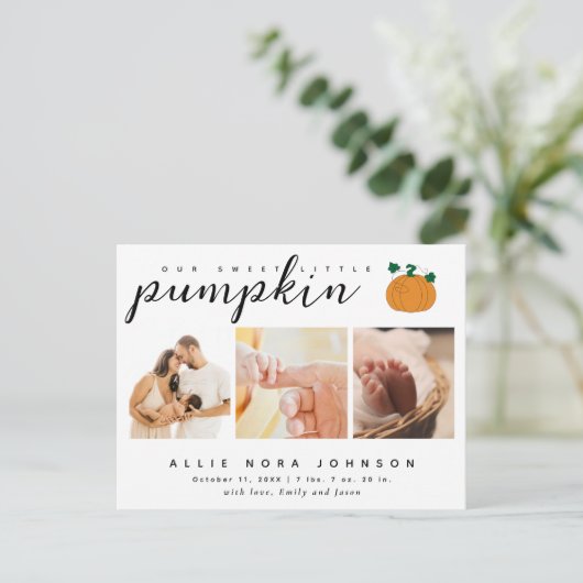 Sweet Little Pumpkin Foto Fall Baby Ankündigung Postkarte (Stehend Vorderseite)