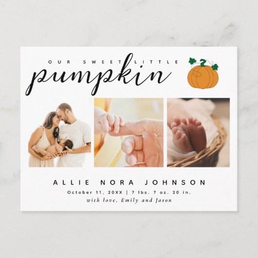 Sweet Little Pumpkin Foto Fall Baby Ankündigung Postkarte (Vorderseite)