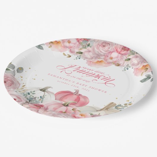 Sweet Little Pumpkin Pink Floral Fall Baby Shower Pappteller (Schrägansicht)
