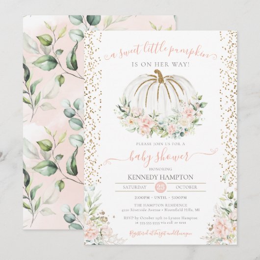 Sweet Little Pumpkin, Pink Herbst Kinderdusche Einladung (Vorne/Hinten)