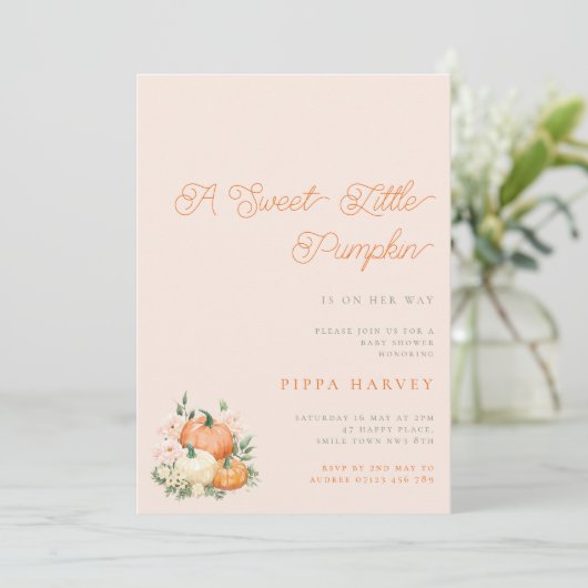 Sweet Little Pumpkin Pink & Orange Baby Dusche Einladung (Stehend Vorderseite)