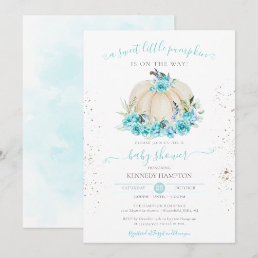 Sweet Little Pumpkin Turquoise Blue Baby Dusche Einladung (Vorne/Hinten)