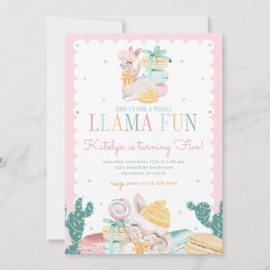 Sweet Llama Pastel zum Geburtstag Einladung mit Ka (Vorderseite)