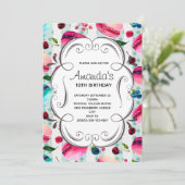 Sweet Macarons und ein Dekorationsrahmen zum Gebur Einladung (Stehend Vorderseite)