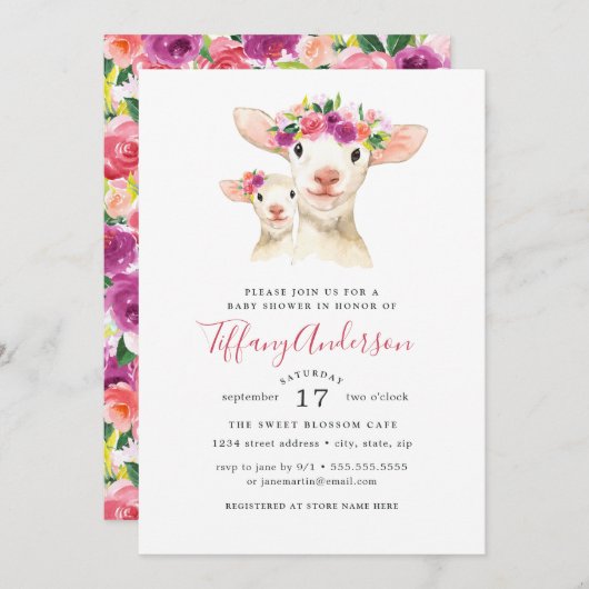 Sweet Mama und Baby Lamb Floral Baby Dusche Einladung (Vorne/Hinten)