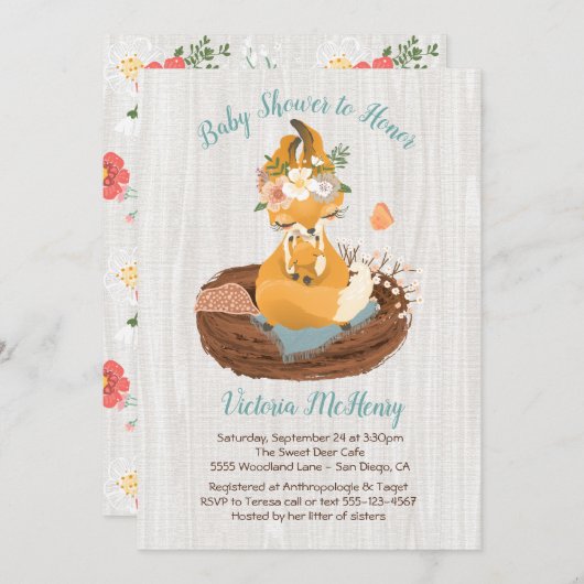 Sweet mamma fox & baby fox Baby Dusche Einladungen (Vorne/Hinten)