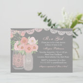 Sweet Mason Jar Pink & Gray Baby Dusche Einladung (Stehend Vorderseite)