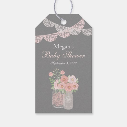 Sweet Mason Jar Pink Gray Baby Dusche Geschenketik Geschenkanhänger (Vorderseite)
