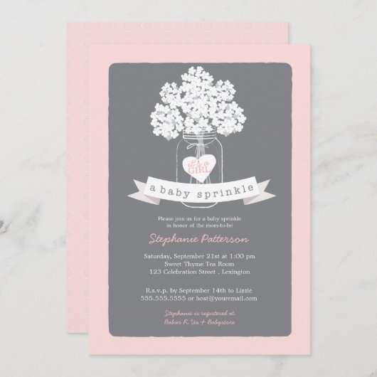Sweet Mason Jar Pink | Gray Baby Sprinkle Einladung (Vorne/Hinten)