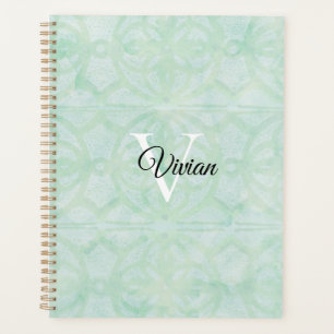 Sweet Mint Green Batik Elegante Monogram Name Planer