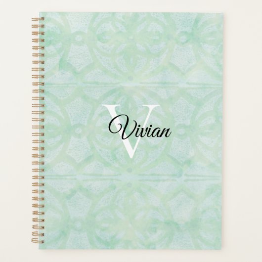Sweet Mint Green Batik Elegante Monogram Name Planer (Vorderseite)