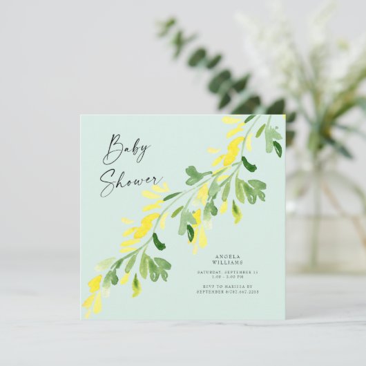 Sweet Mint Yellow Wildblumen Babydusche Square Einladung (Stehend Vorderseite)