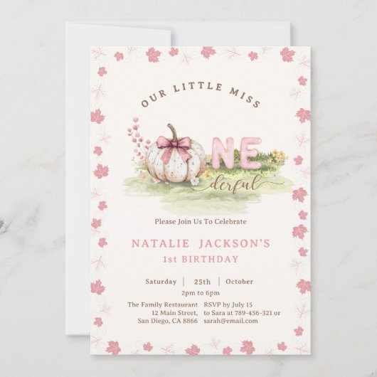 Sweet Miss Onederful Pink Bow Pumpkin 1. Geburtsta Einladung (Vorderseite)