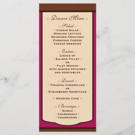 Sweet Mocha & Fuchsia Wedding Reception Menus Menükarte (Vorderseite)