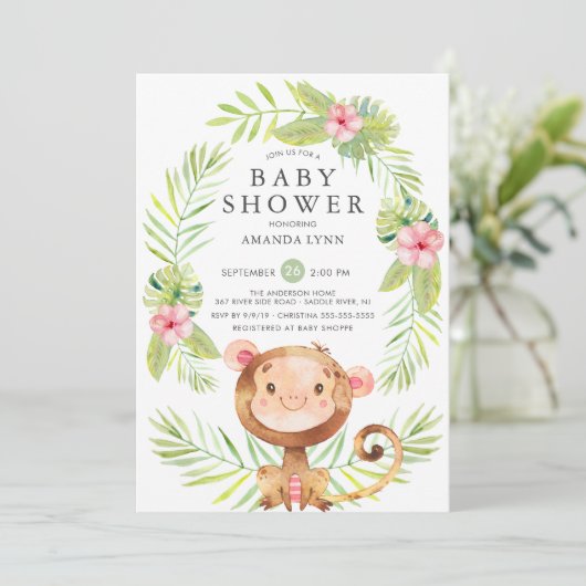 Sweet Monkey Girl Baby Shower Einladung (Stehend Vorderseite)