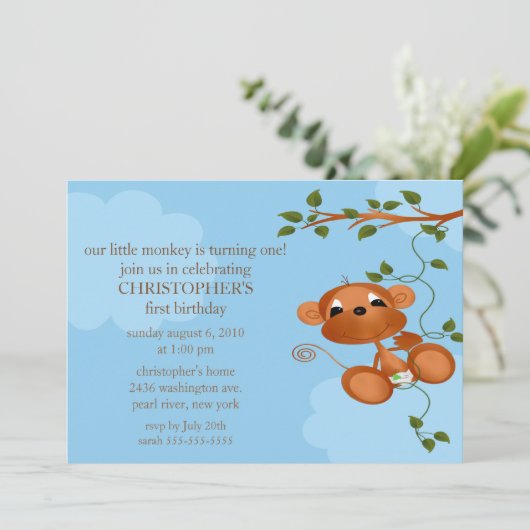 Sweet Monkey Kindergeburtstag Einladung (Stehend Vorderseite)