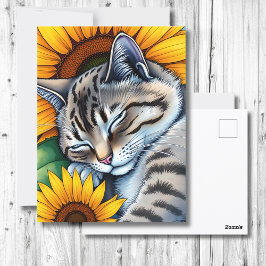 Sweet Napping Graue Katze und Sonnenblumen Postkarte