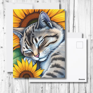 Sweet Napping Graue Katze und Sonnenblumen Postkarte