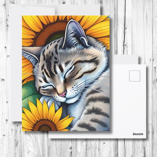 Sweet Napping Graue Katze und Sonnenblumen Postkarte