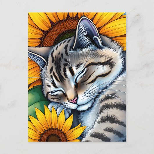 Sweet Napping Graue Katze und Sonnenblumen Postkarte (Vorderseite)