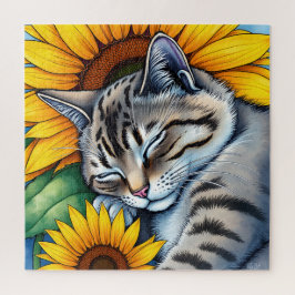 Sweet Napping Gray Cat and Sunflower Puzzle