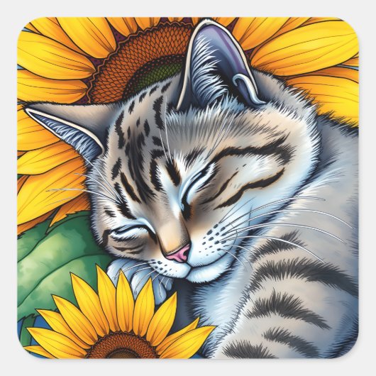 Sweet Napping Gray Cat and Sunflower Quadratischer Aufkleber (Vorderseite)