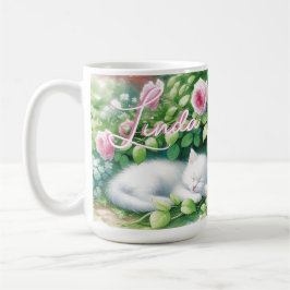 Sweet Napping White Kitten unter der Rose Bush Kaffeetasse