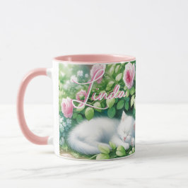 Sweet Napping White Kitten unter der Rose Bush Tasse