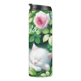 Sweet Napping White Kitten unter der Rose Bush Thermosbecher
