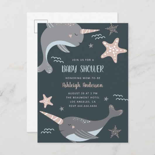 Sweet Narwhal Nautical Themed Baby Dusche Einladungspostkarte (Vorne/Hinten)