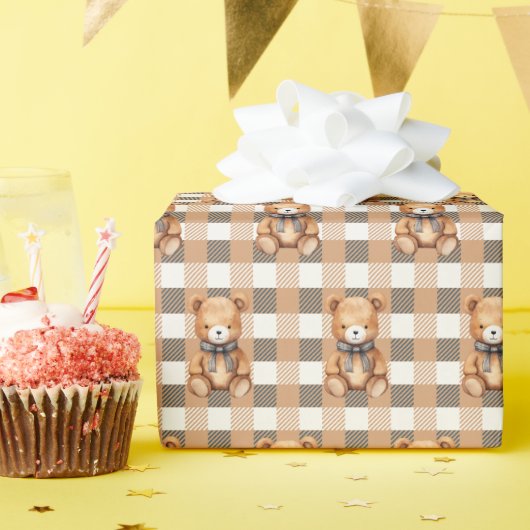 Sweet Neutral Teddy Bear Plaid Geschenkpapier (Geburtstagsparty)